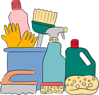 A drawing of an assortment of cleaning products including bottles, gloves, and brushes